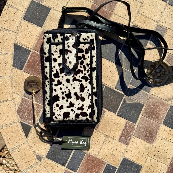 Myra leather cowhide fur crossbody shoulder bag wallet new with tags - Picture 10 of 14